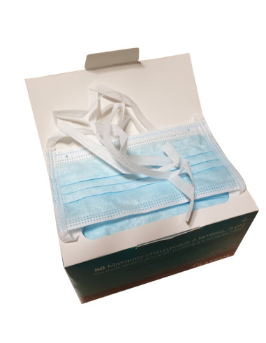 Surgical face mask with ties 3 ply - Filtration IIR - EN 14683 Box of 50 masks Surgical face mask with ties 3 ply - Filtration IIR - EN 14683 Box of 50 masks